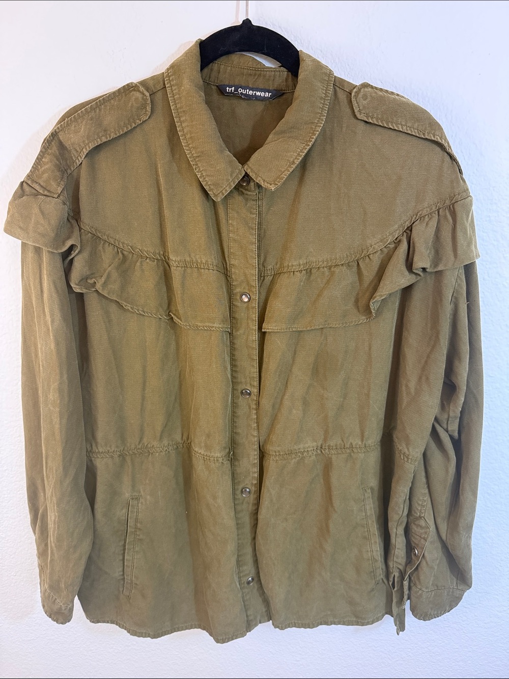 ZARA Olive Green Ruffle-Detail Utility Jacket